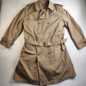 Vtg Oleg Cassini 42L Double Breasted Trench Rain Coat Khaki Tan Faux Fur Lined